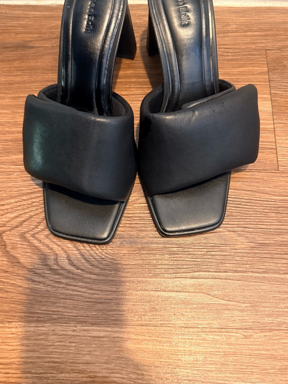 Black Padded Square-Toe Mule Heels